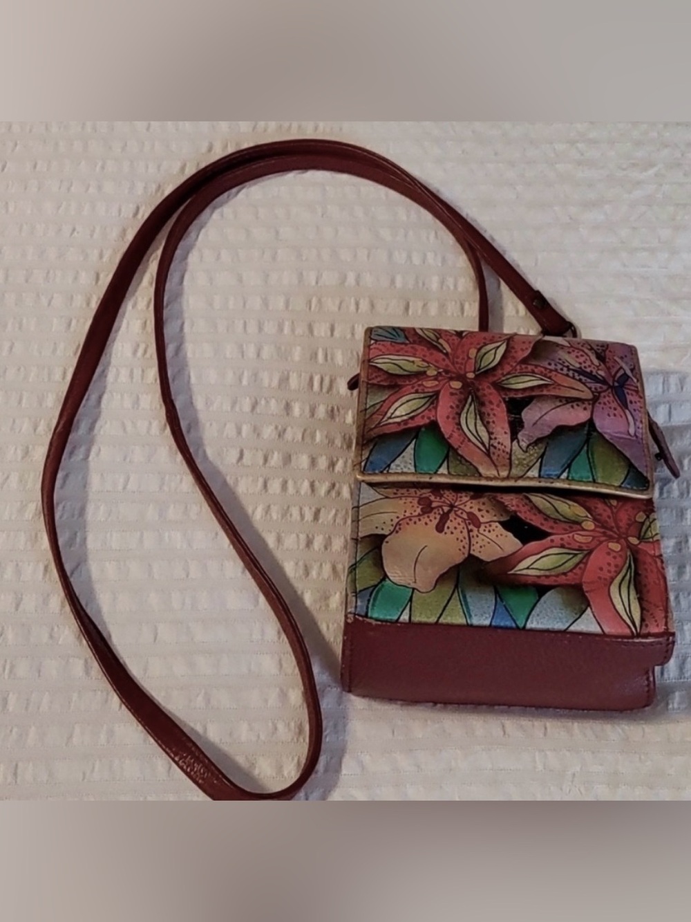 Gorgeous Floral Hand Painted Anuschka Leather Crossbody Bag